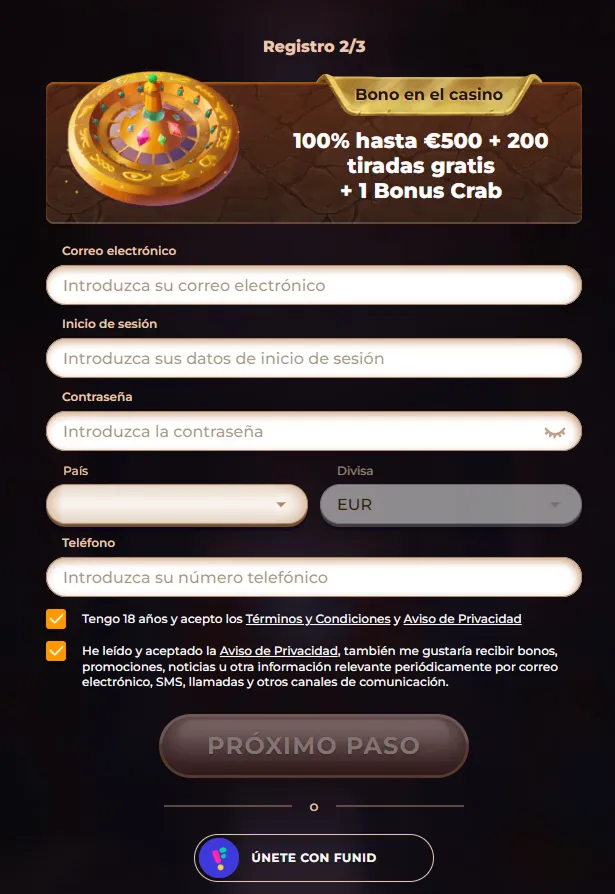 Formulario de registro en AmunRa Casino con bono de bienvenida