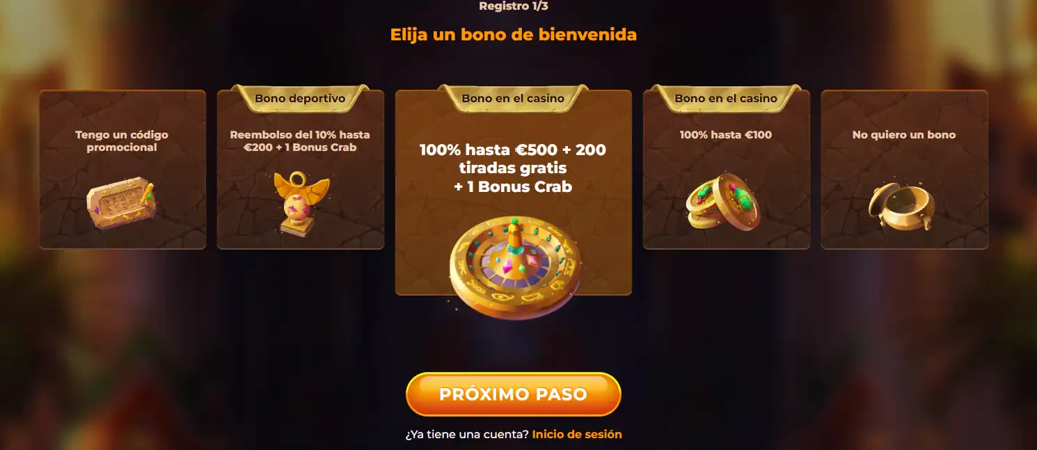 Selección de bono de bienvenida en AmunRa Casino con varias opciones