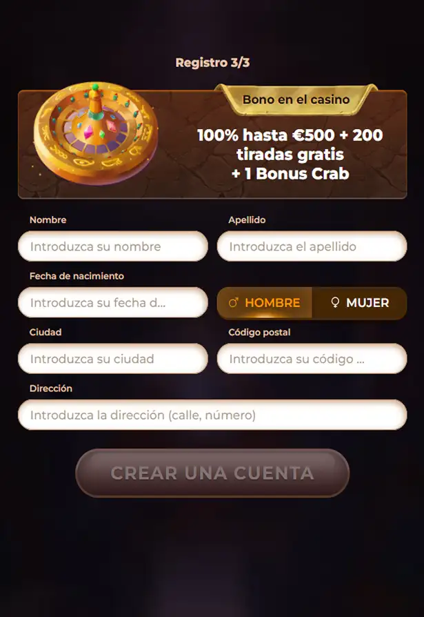 Paso final del registro en AmunRa Casino con formulario de datos